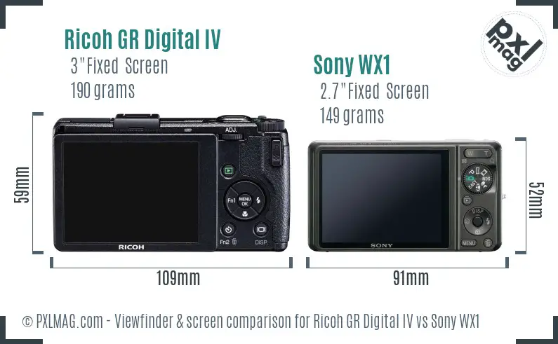 Ricoh GR Digital IV vs Sony WX1 Screen and Viewfinder comparison