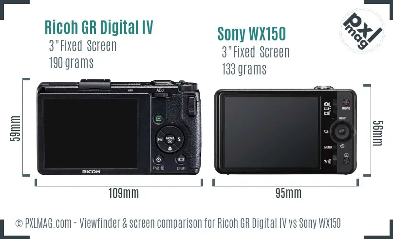 Ricoh GR Digital IV vs Sony WX150 Screen and Viewfinder comparison