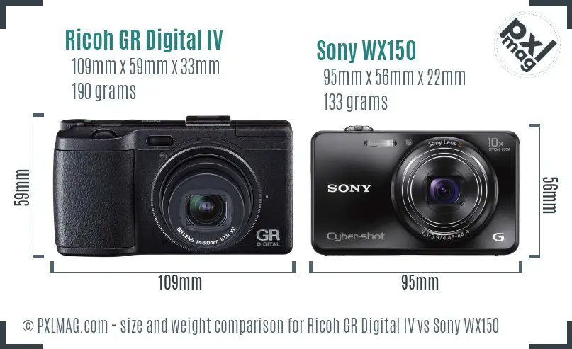 Ricoh GR Digital IV vs Sony WX150 size comparison