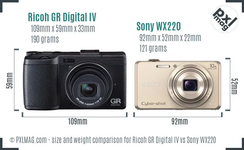 Ricoh GR Digital IV vs Sony WX220 size comparison