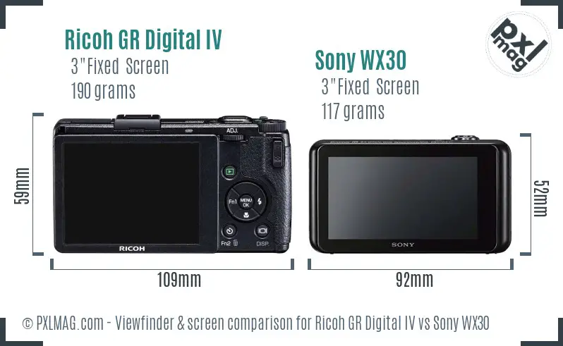 Ricoh GR Digital IV vs Sony WX30 Screen and Viewfinder comparison