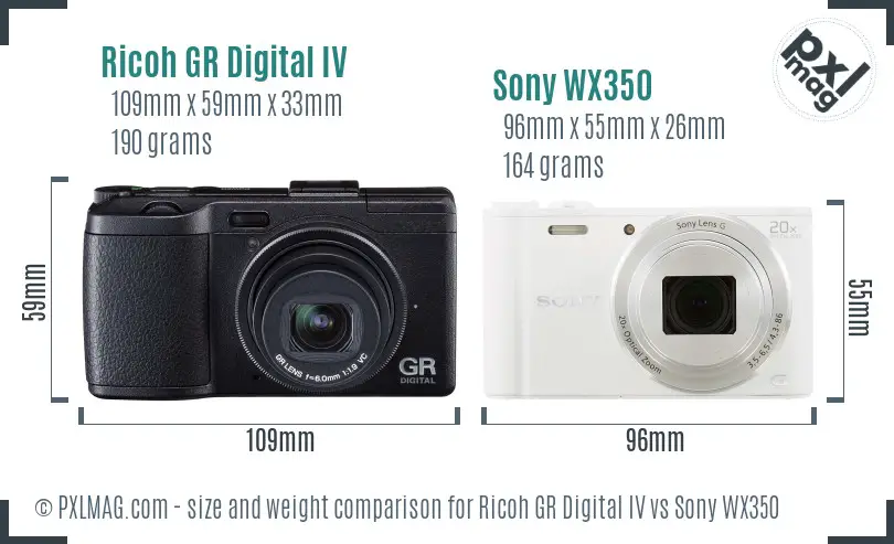Ricoh GR Digital IV vs Sony WX350 size comparison