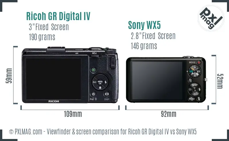 Ricoh GR Digital IV vs Sony WX5 Screen and Viewfinder comparison