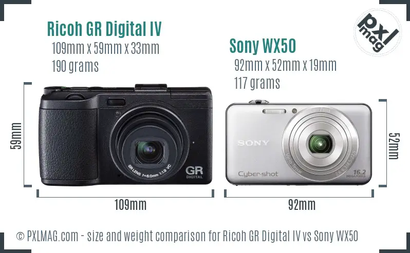 Ricoh GR Digital IV vs Sony WX50 size comparison
