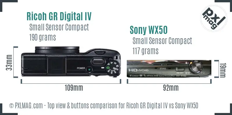 Ricoh GR Digital IV vs Sony WX50 top view buttons comparison