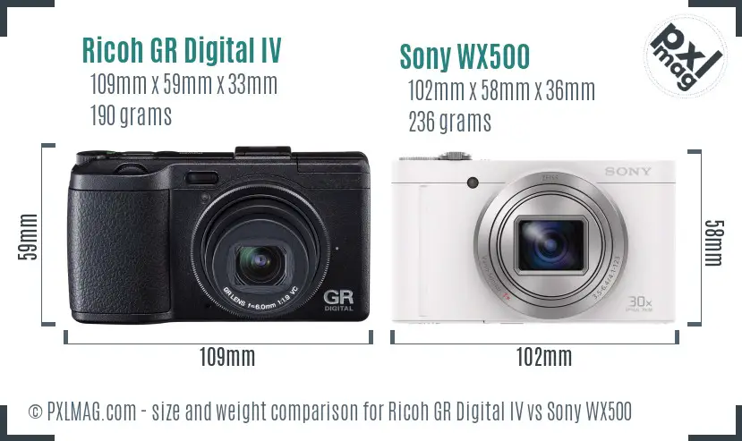 Ricoh GR Digital IV vs Sony WX500 size comparison