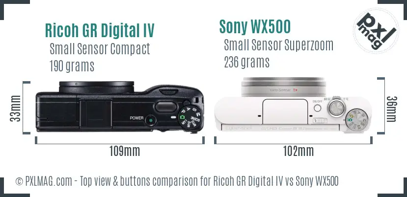 Ricoh GR Digital IV vs Sony WX500 top view buttons comparison