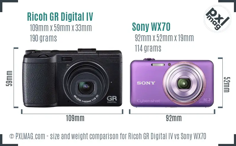 Ricoh GR Digital IV vs Sony WX70 size comparison