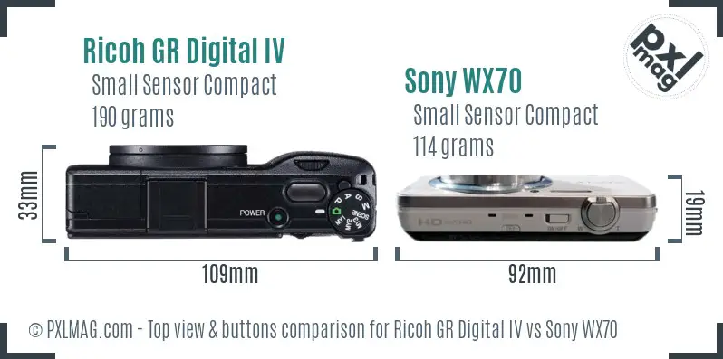 Ricoh GR Digital IV vs Sony WX70 top view buttons comparison