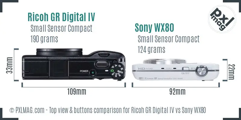 Ricoh GR Digital IV vs Sony WX80 top view buttons comparison