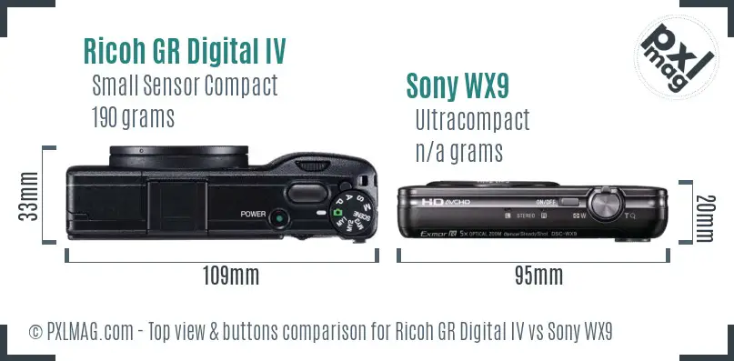 Ricoh GR Digital IV vs Sony WX9 top view buttons comparison