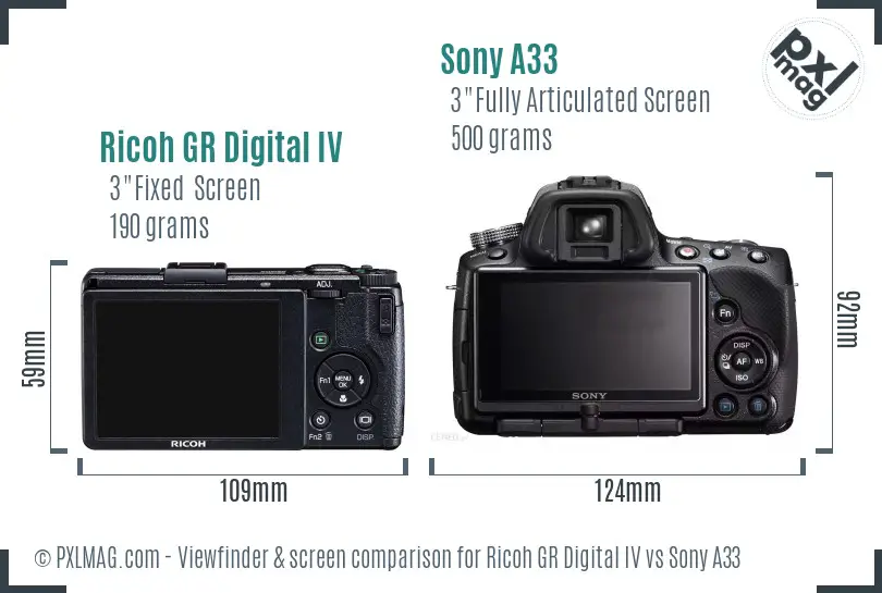Ricoh GR Digital IV vs Sony A33 Screen and Viewfinder comparison