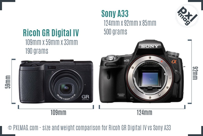 Ricoh GR Digital IV vs Sony A33 size comparison