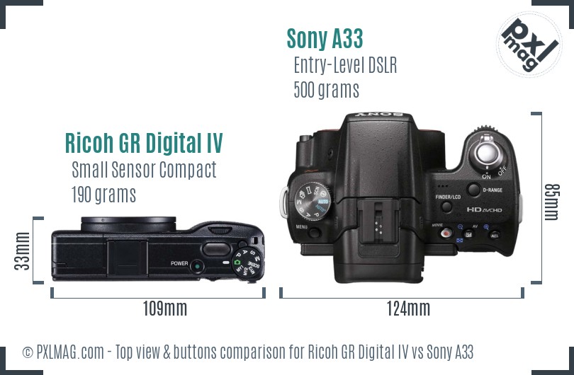 Ricoh GR Digital IV vs Sony A33 top view buttons comparison