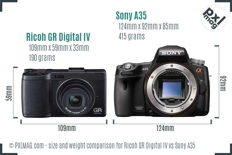 Ricoh GR Digital IV vs Sony A35 size comparison