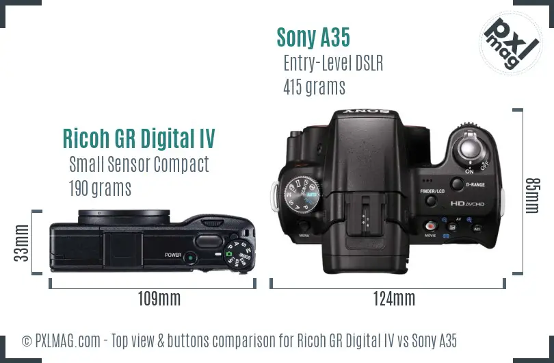 Ricoh GR Digital IV vs Sony A35 top view buttons comparison