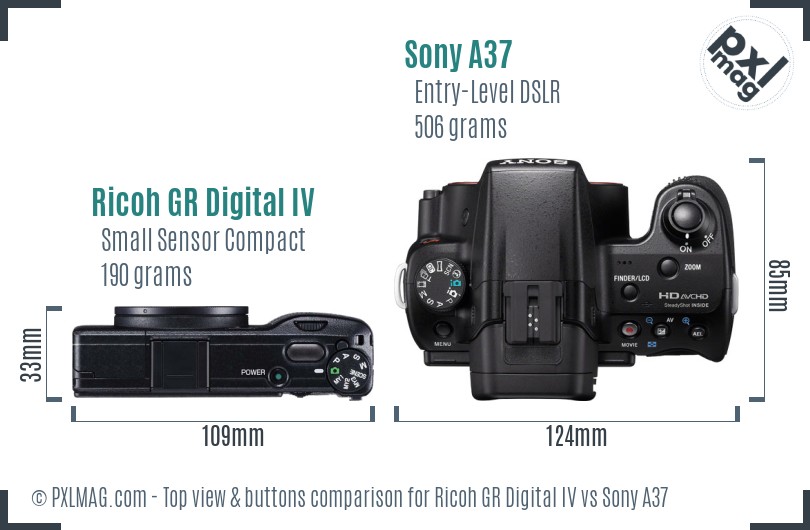 Ricoh GR Digital IV vs Sony A37 top view buttons comparison