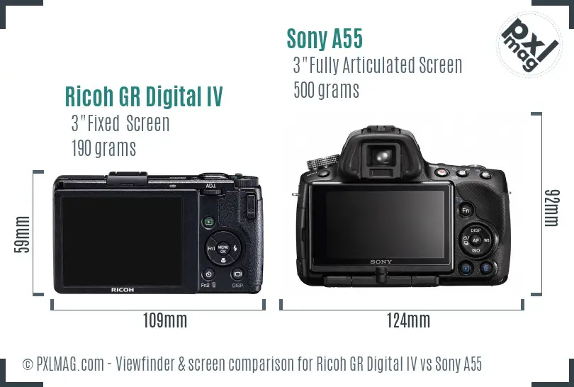 Ricoh GR Digital IV vs Sony A55 Screen and Viewfinder comparison