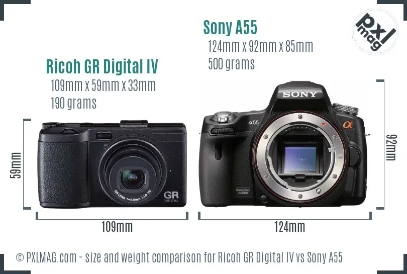 Ricoh GR Digital IV vs Sony A55 size comparison