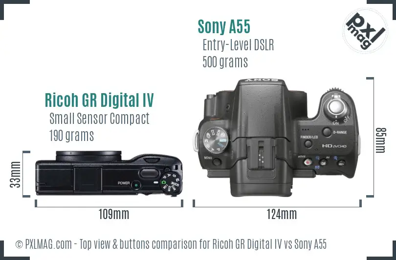 Ricoh GR Digital IV vs Sony A55 top view buttons comparison