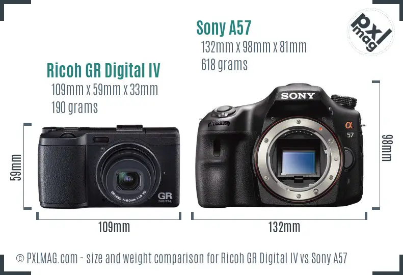 Ricoh GR Digital IV vs Sony A57 size comparison