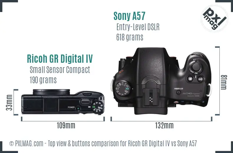 Ricoh GR Digital IV vs Sony A57 top view buttons comparison