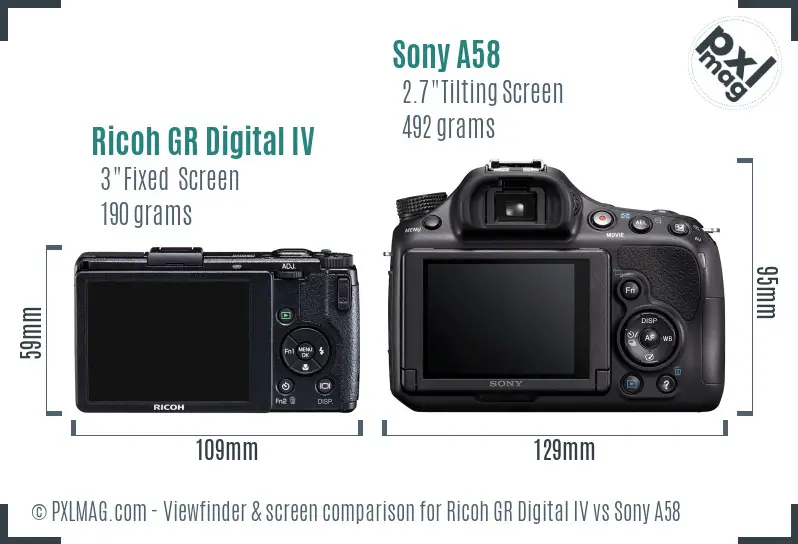 Ricoh GR Digital IV vs Sony A58 Screen and Viewfinder comparison