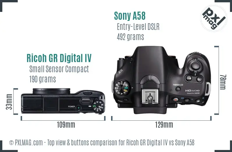 Ricoh GR Digital IV vs Sony A58 top view buttons comparison