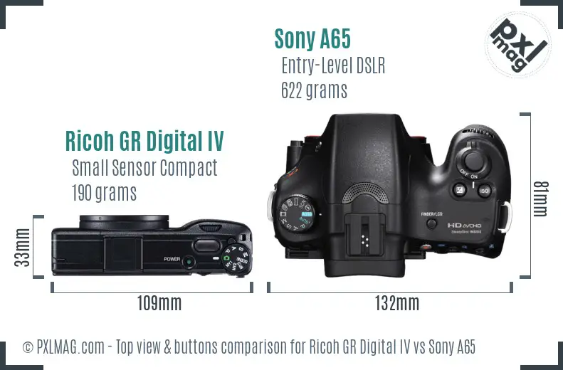 Ricoh GR Digital IV vs Sony A65 top view buttons comparison