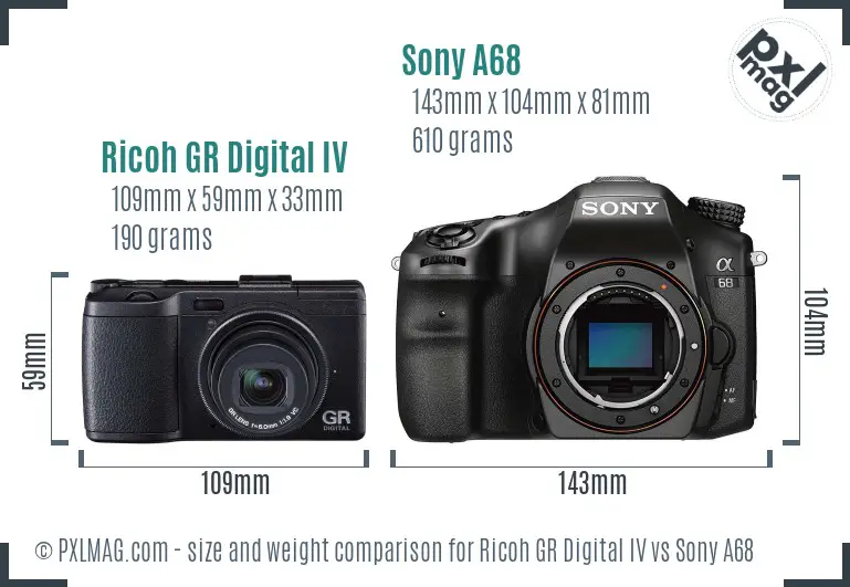 Ricoh GR Digital IV vs Sony A68 size comparison