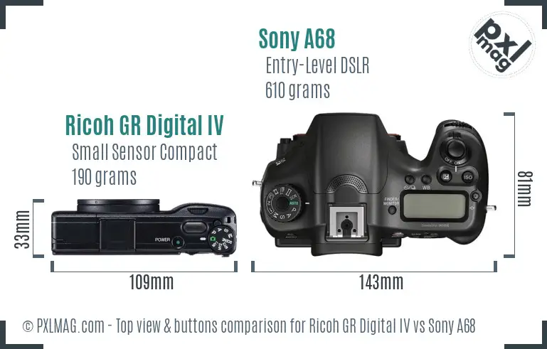 Ricoh GR Digital IV vs Sony A68 top view buttons comparison