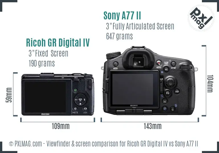 Ricoh GR Digital IV vs Sony A77 II Screen and Viewfinder comparison