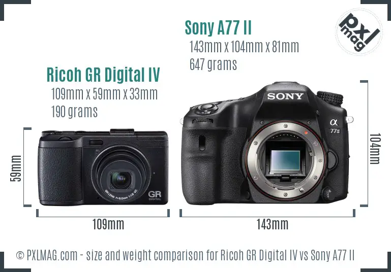 Ricoh GR Digital IV vs Sony A77 II size comparison