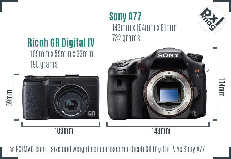 Ricoh GR Digital IV vs Sony A77 size comparison