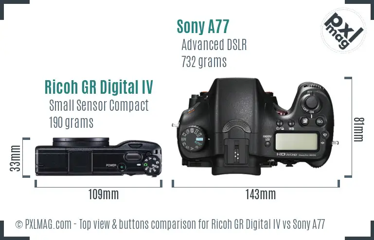 Ricoh GR Digital IV vs Sony A77 top view buttons comparison