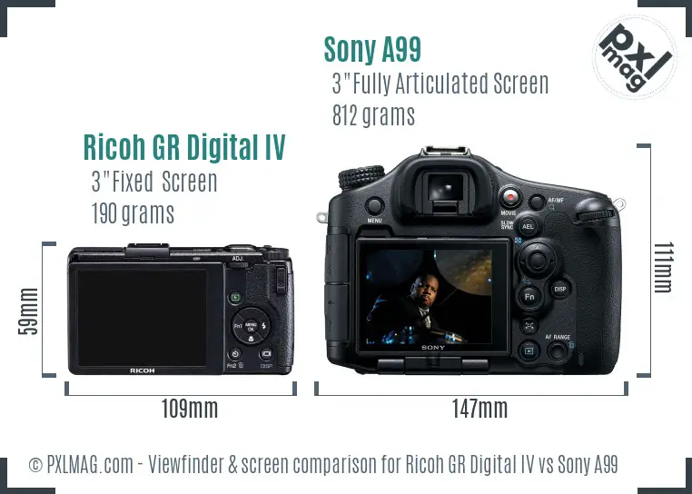 Ricoh GR Digital IV vs Sony A99 Screen and Viewfinder comparison