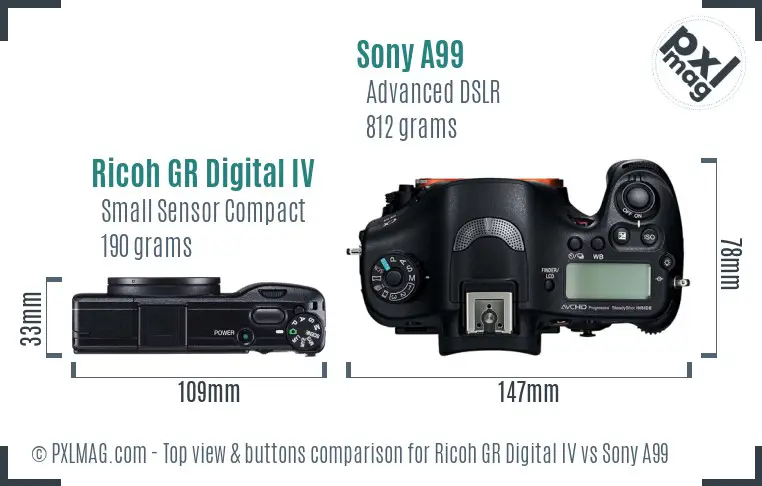 Ricoh GR Digital IV vs Sony A99 top view buttons comparison