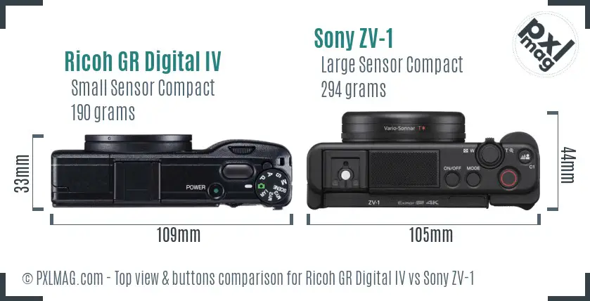 Ricoh GR Digital IV vs Sony ZV-1 top view buttons comparison