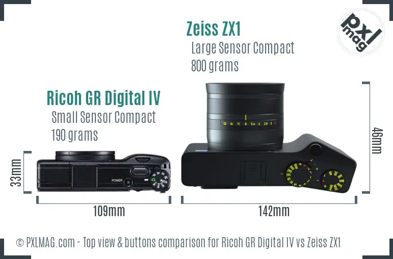 Ricoh GR Digital IV vs Zeiss ZX1 top view buttons comparison