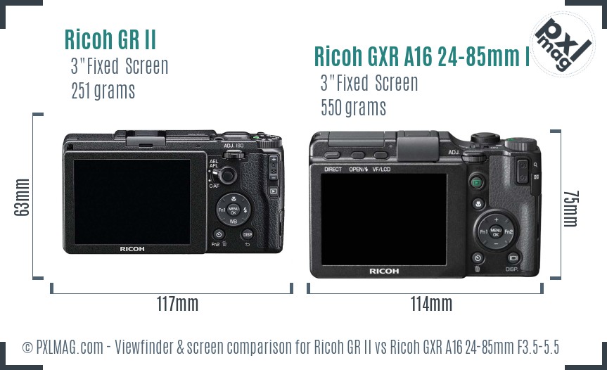 Ricoh GR II vs Ricoh GXR A16 24-85mm F3.5-5.5 Screen and Viewfinder comparison