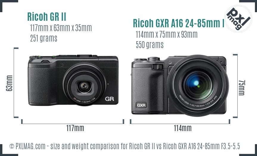 Ricoh GR II vs Ricoh GXR A16 24-85mm F3.5-5.5 size comparison