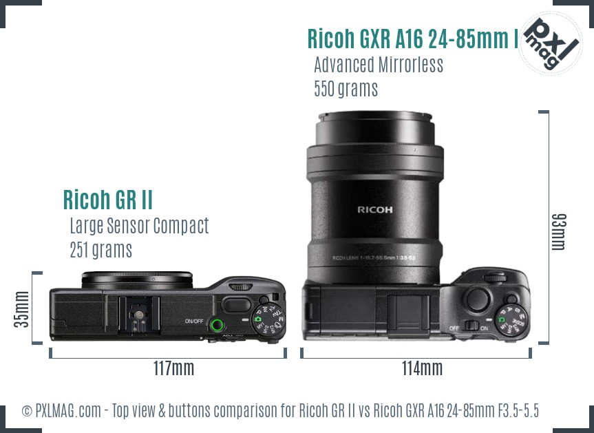 Ricoh GR II vs Ricoh GXR A16 24-85mm F3.5-5.5 top view buttons comparison