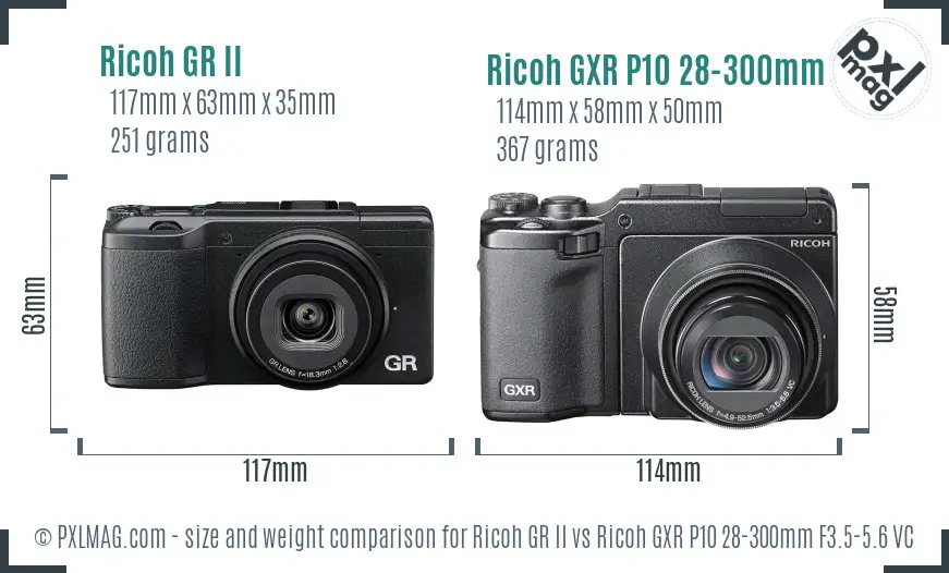 Ricoh GR II vs Ricoh GXR P10 28-300mm F3.5-5.6 VC size comparison