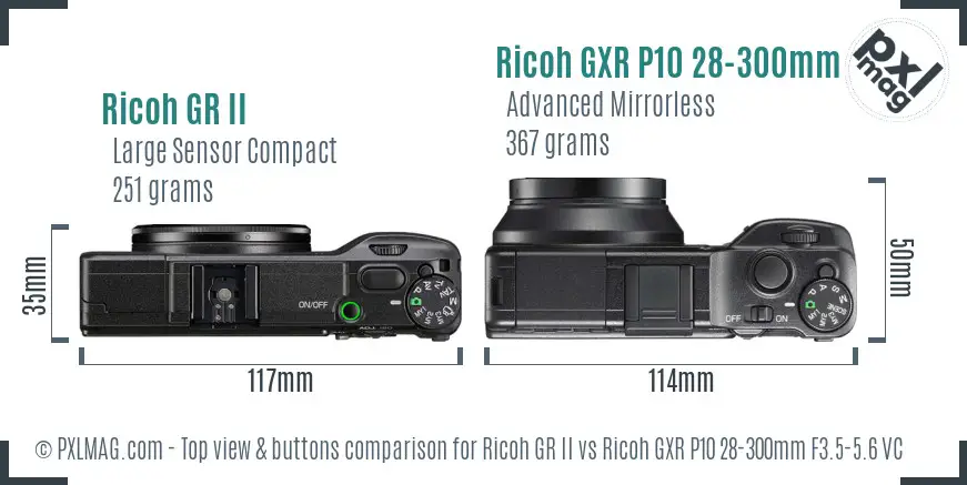 Ricoh GR II vs Ricoh GXR P10 28-300mm F3.5-5.6 VC top view buttons comparison