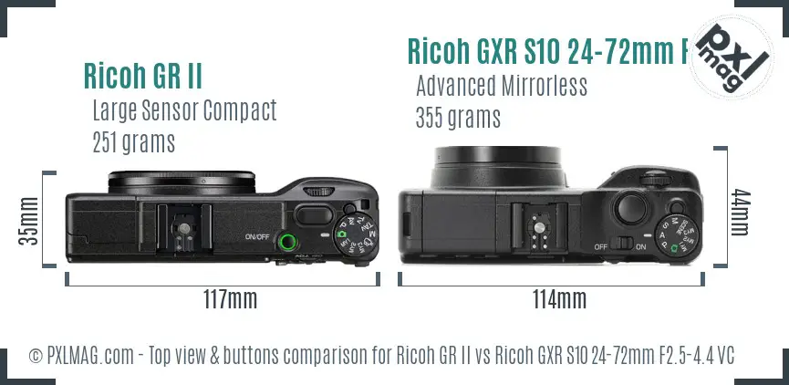 Ricoh GR II vs Ricoh GXR S10 24-72mm F2.5-4.4 VC top view buttons comparison