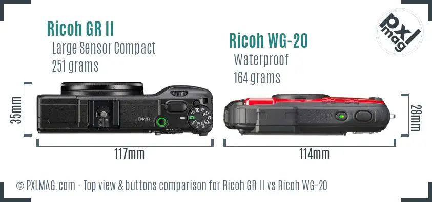 Ricoh GR II vs Ricoh WG-20 top view buttons comparison