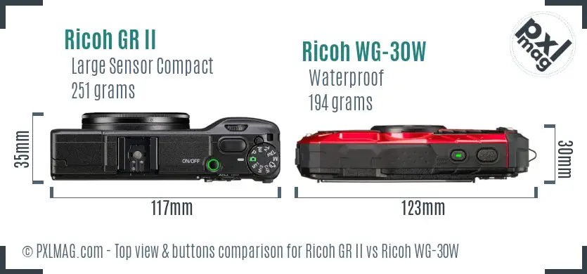 Ricoh GR II vs Ricoh WG-30W top view buttons comparison