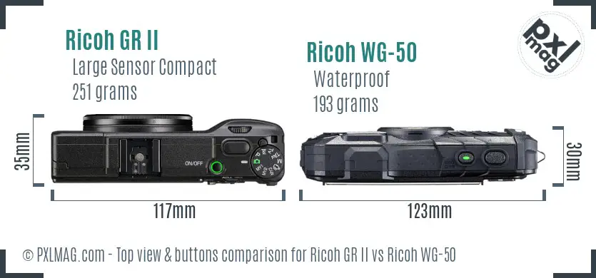 Ricoh GR II vs Ricoh WG-50 top view buttons comparison
