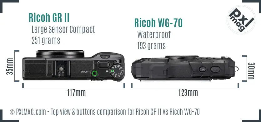 Ricoh GR II vs Ricoh WG-70 top view buttons comparison