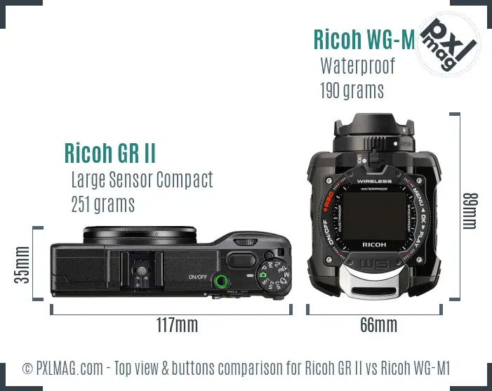 Ricoh GR II vs Ricoh WG-M1 top view buttons comparison